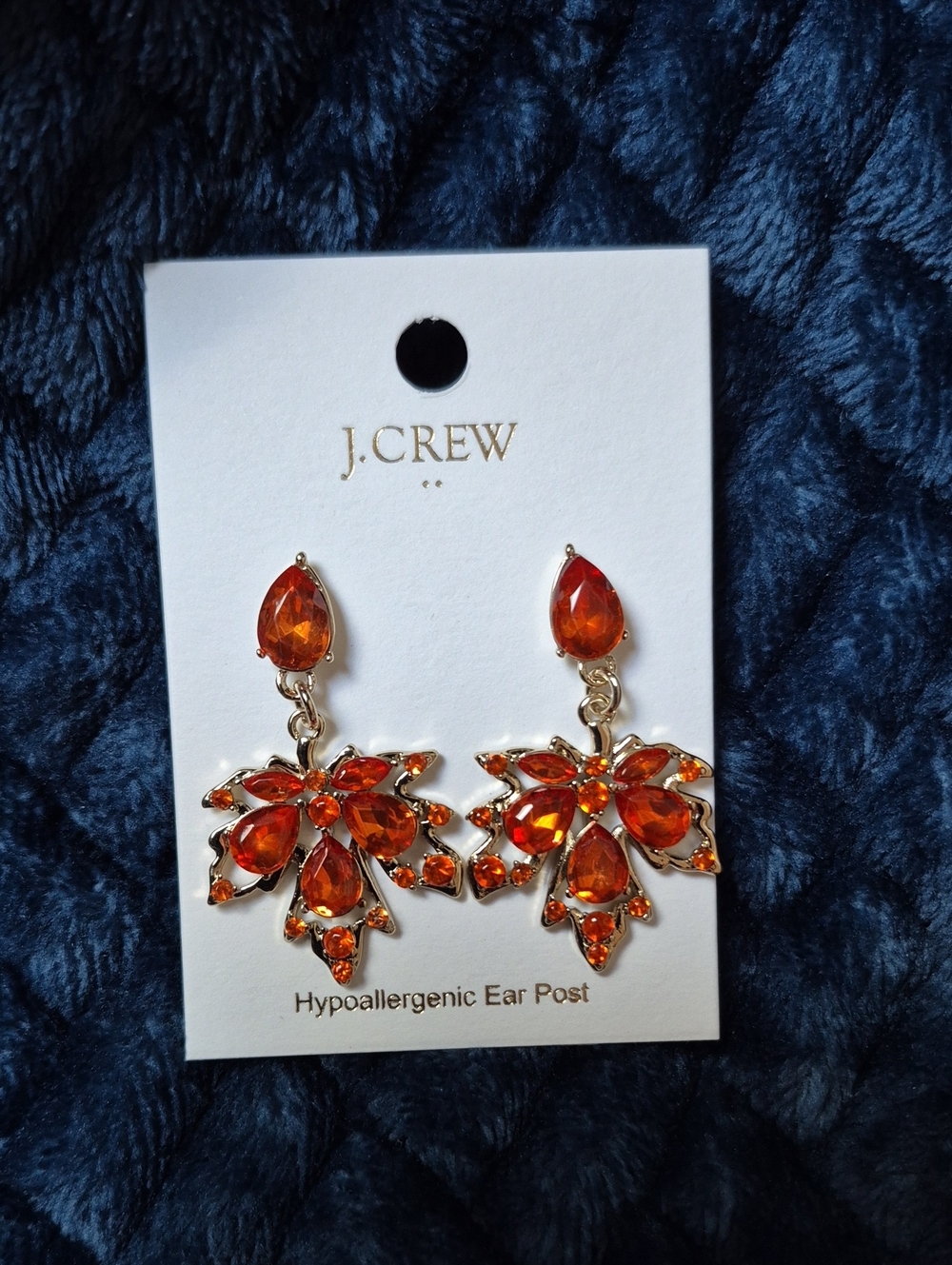 J. Crew Gold-Tone Orange Crystal Pave Leaf Statement Earrings New With Tags